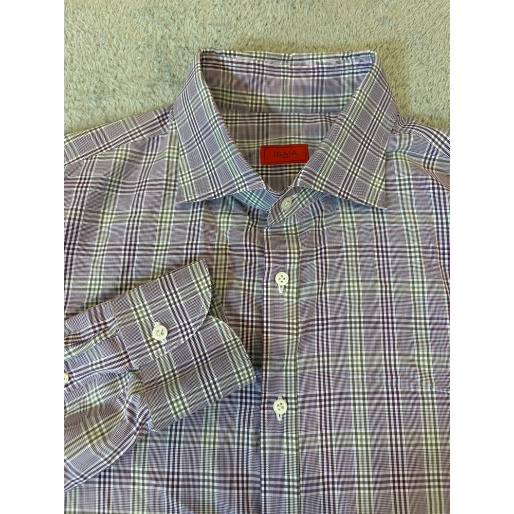 Isaia Napoli Dress Shirt Mens 17/43 Purple Plaid Cotton Made Italy Spread Collar